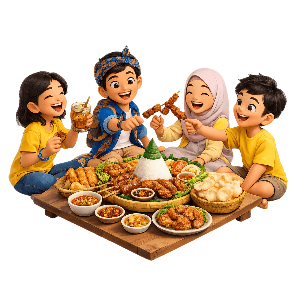 Teman-teman menikmati makanan Indonesia bersama di food stop