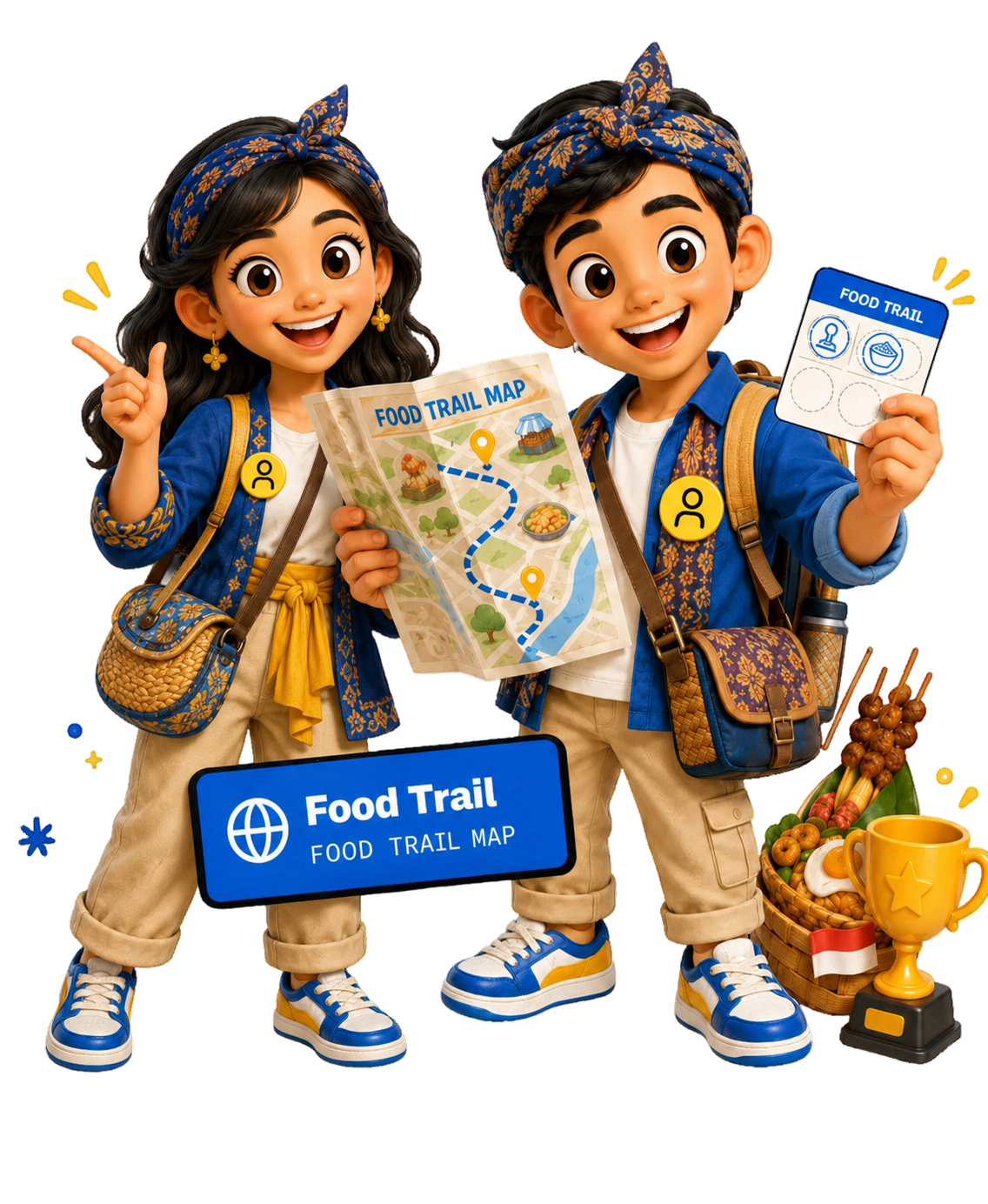Penjelajah Food Trail memegang peta, kartu stempel, dan keranjang hadiah