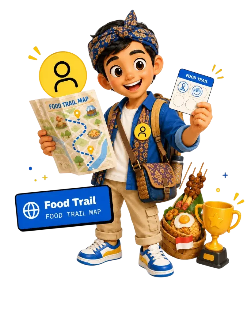 Penjelajah Food Trail memegang peta, kartu stempel, dan keranjang hadiah